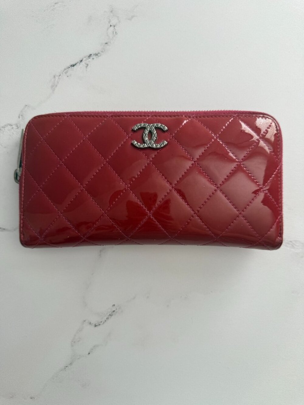 Chanel, Patent Leather, Red, Zip Around, Long Wallet